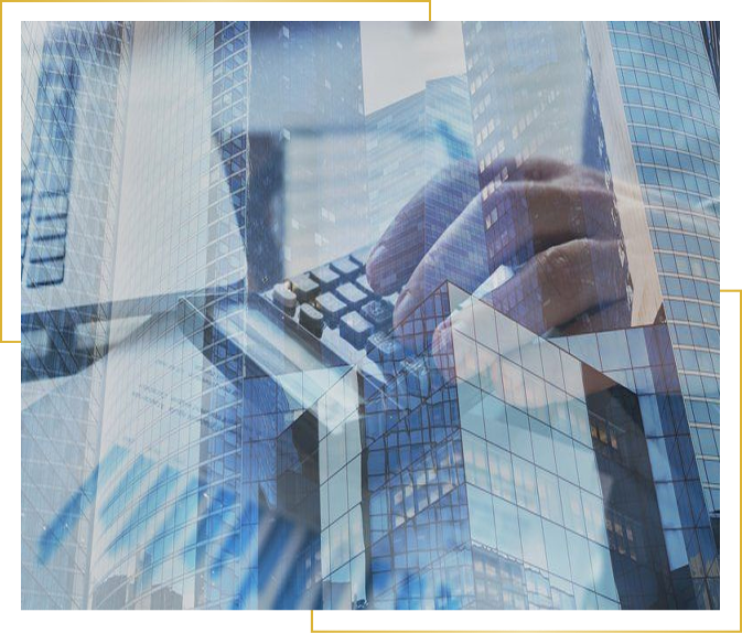 Hands typing overlaid on skyscraper reflection
