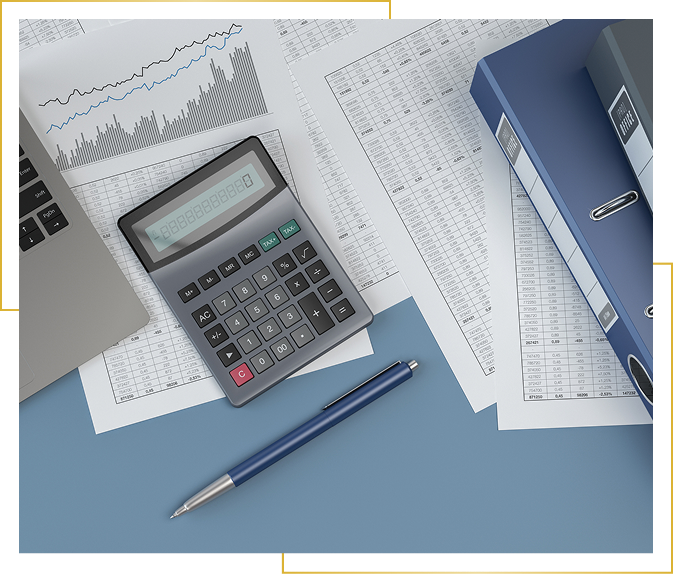 Calculator and documents on office desk
